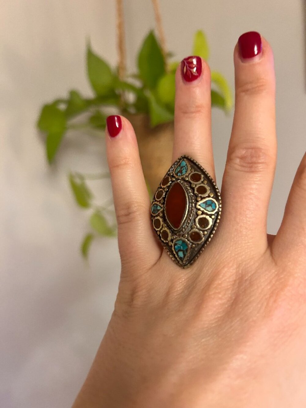 Turquoise and burgandy stone ring, Size 8